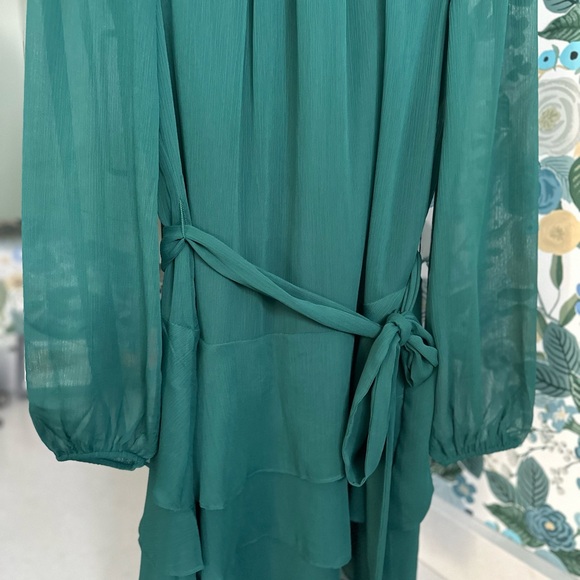 EXPRESS Long Sleeve Tie Waist Tiered Ruffle Fit And Flare Dress Small Green - Picture 8 of 14